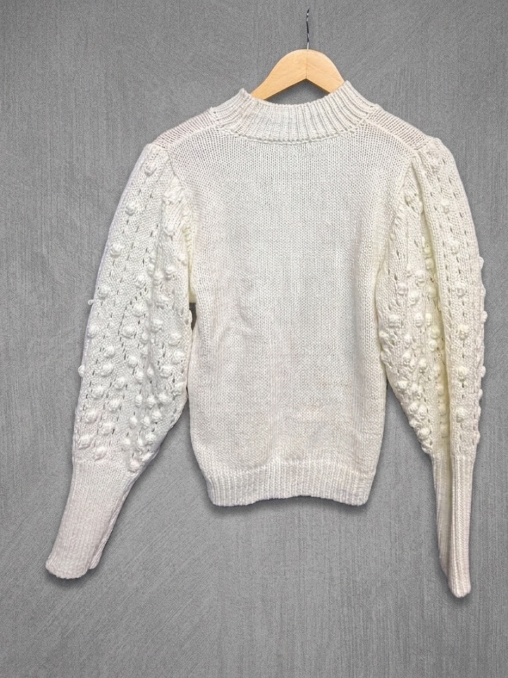 Q&A Cream Puff Sleeve Bobble Popcorn Knit Sweater M Mock Neck Boho Cottagecore